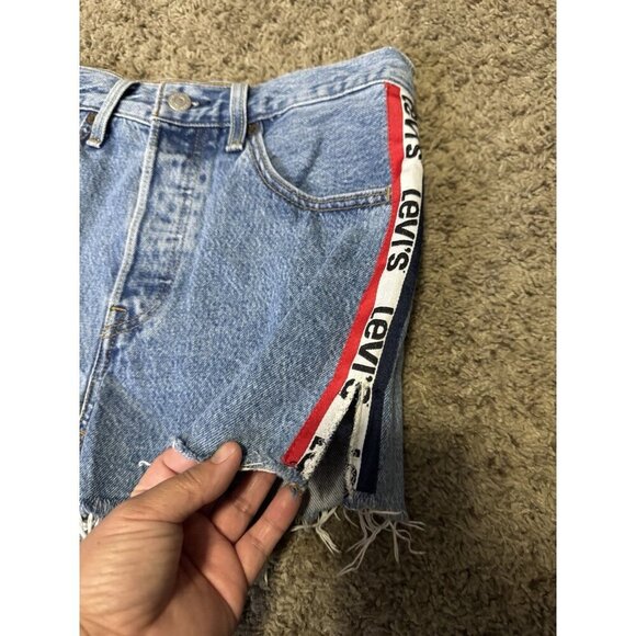 LEVIS Premium 501 Sport Tape Hi-Rise Cutoff Button Fly Denim Blue Jean Short W26 - Picture 7 of 9
